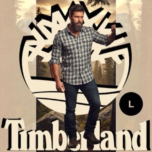 Timberland Men's Blue Button Down Hydro Blocker Long Sleeve Checkered Shirt Sz L - Picture 1 of 12